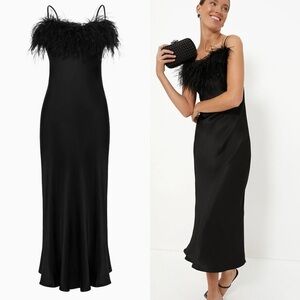 Sleeper Boheme Slip Dress with Feathers in Black Satin midi M party